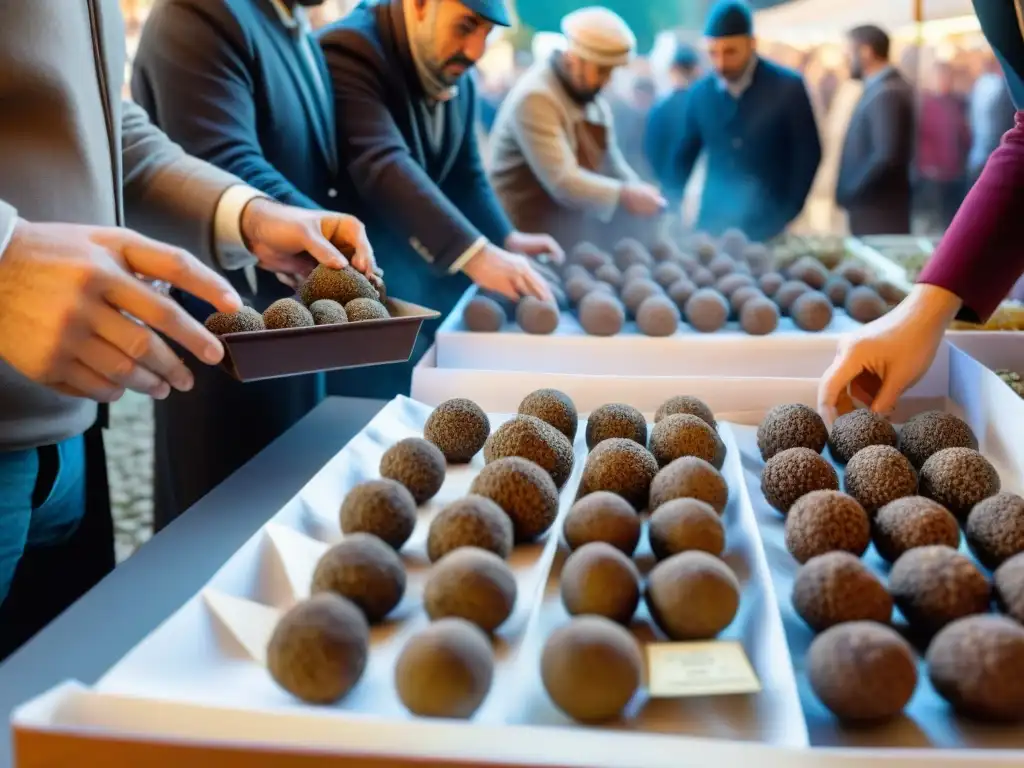 Vivid image del Concurso de trufas en Umbria, Italia: vendedores, trufas, visitantes y aroma en el mercado gastronómico