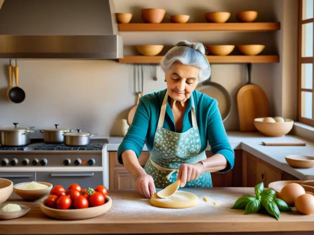 El corazón de la cocina italiana tradicional y moderna: una abuela experta enseña a su nieta a hacer pasta casera en una cocina soleada y acogedora