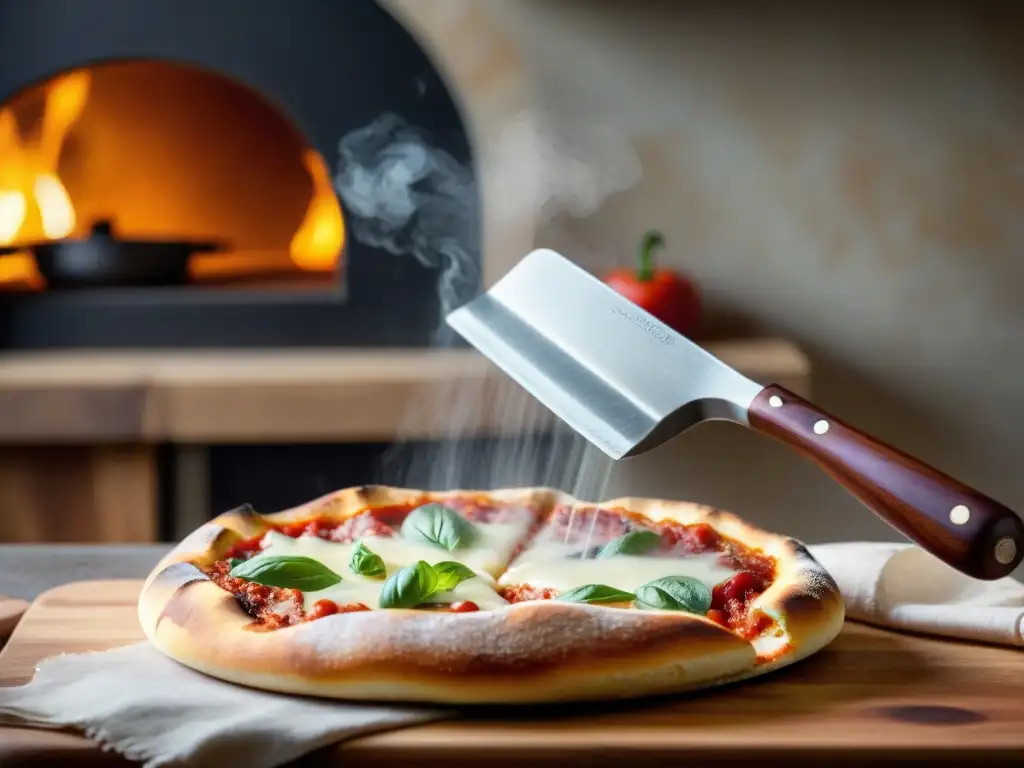 Un cortador de pizza italiano corta una pizza recién horneada en una cocina rústica