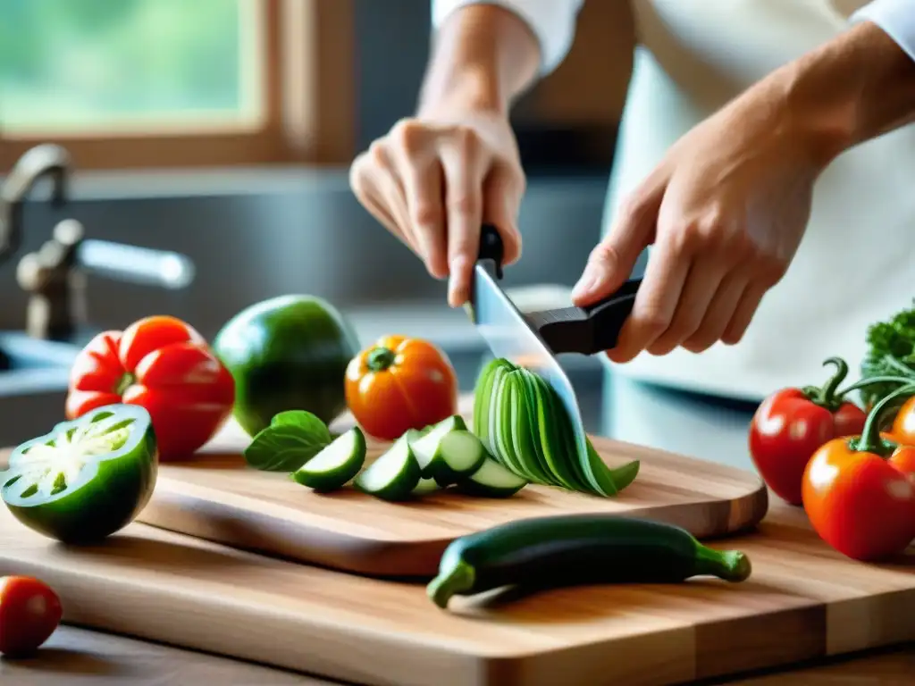 Corte meticuloso de vegetales con mandolina italiana para cortar vegetales