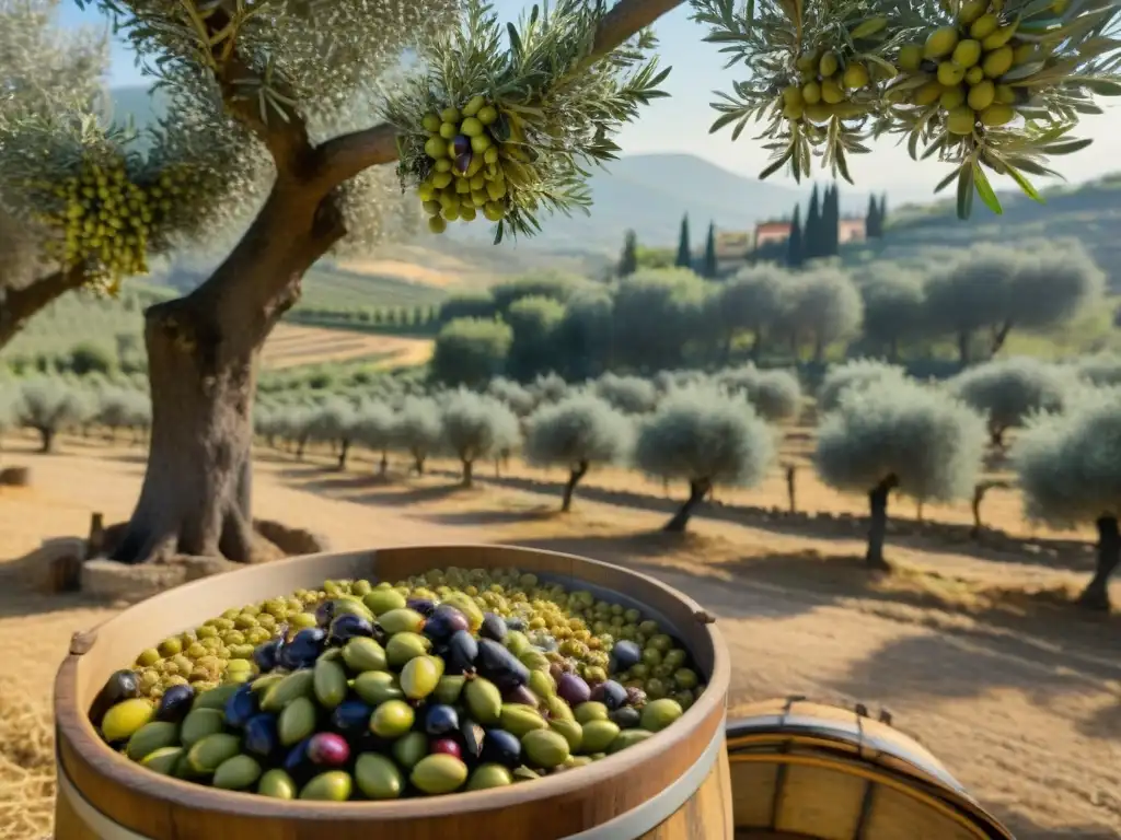 Cosecha de aceitunas en una finca italiana con beneficios aceitunas fermentadas cocina italiana