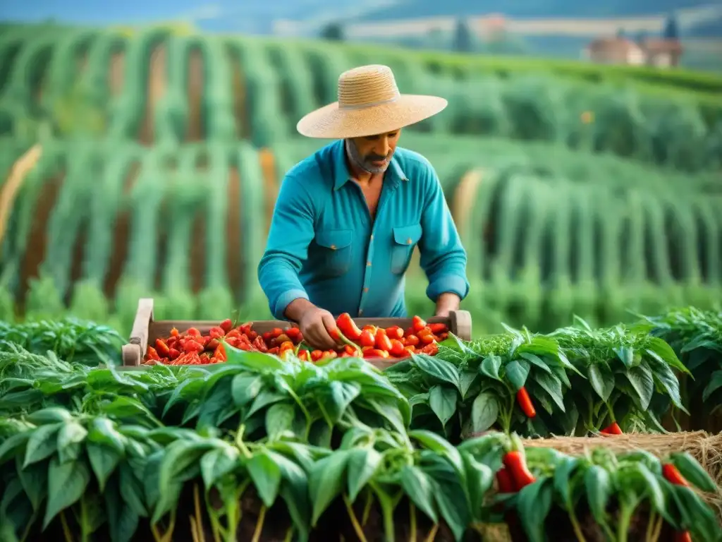 Cosecha de peperoncino en Italia: campesinos recogen los frutos rojos entre la exuberante vegetación bajo el sol