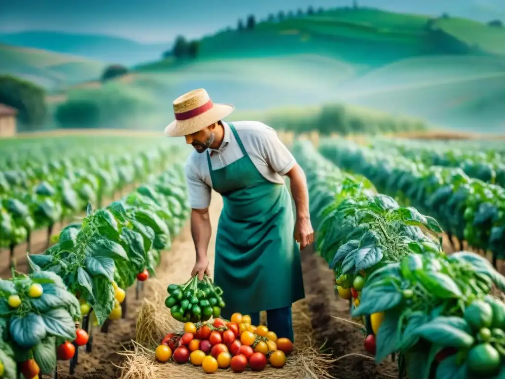 Cosecha de tomates en campo toscano bajo el sol con agricultores italianos