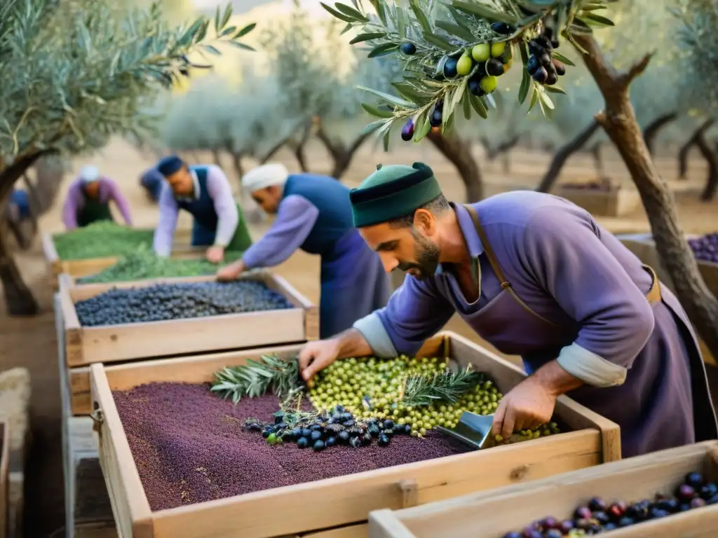 Cosecha tradicional de olivas en Italia bajo el sol mediterráneo, destacando la calidad DOP en aceites de oliva italianos