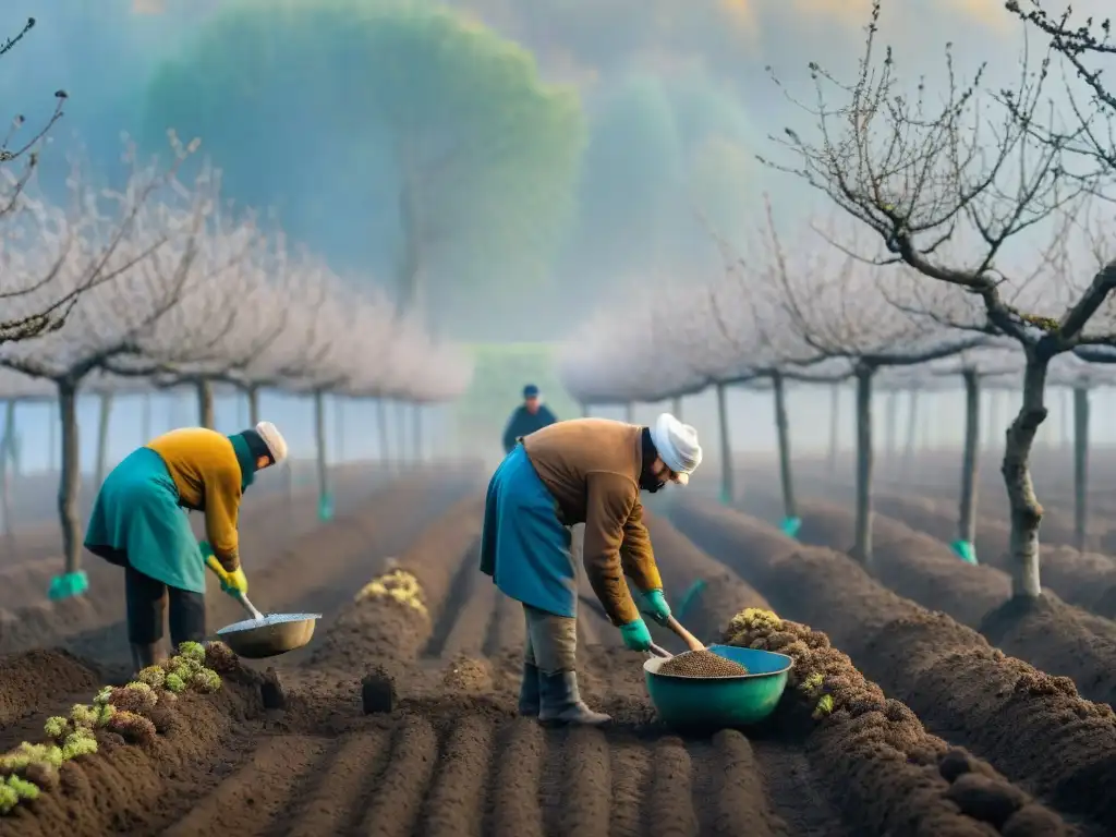 Cosecha de trufas en un huerto italiano, con agricultores desenterrando trufas