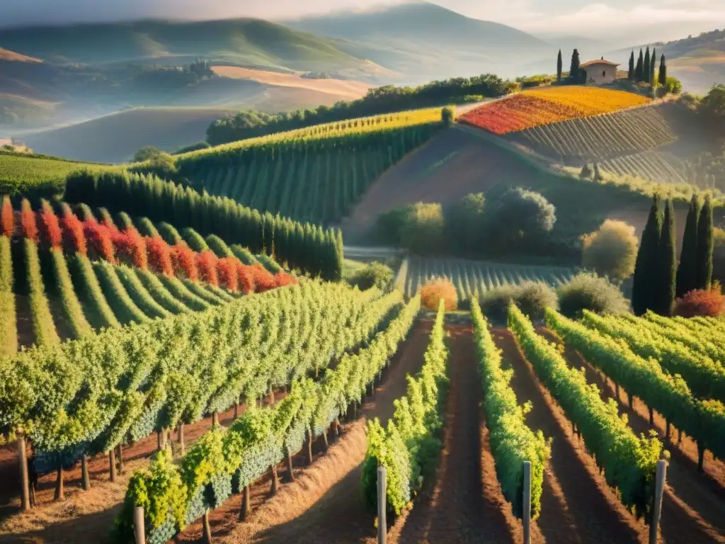 Cosecha de uvas en un viñedo de la Toscana durante el otoño, con colores vibrantes y cálida luz de tarde