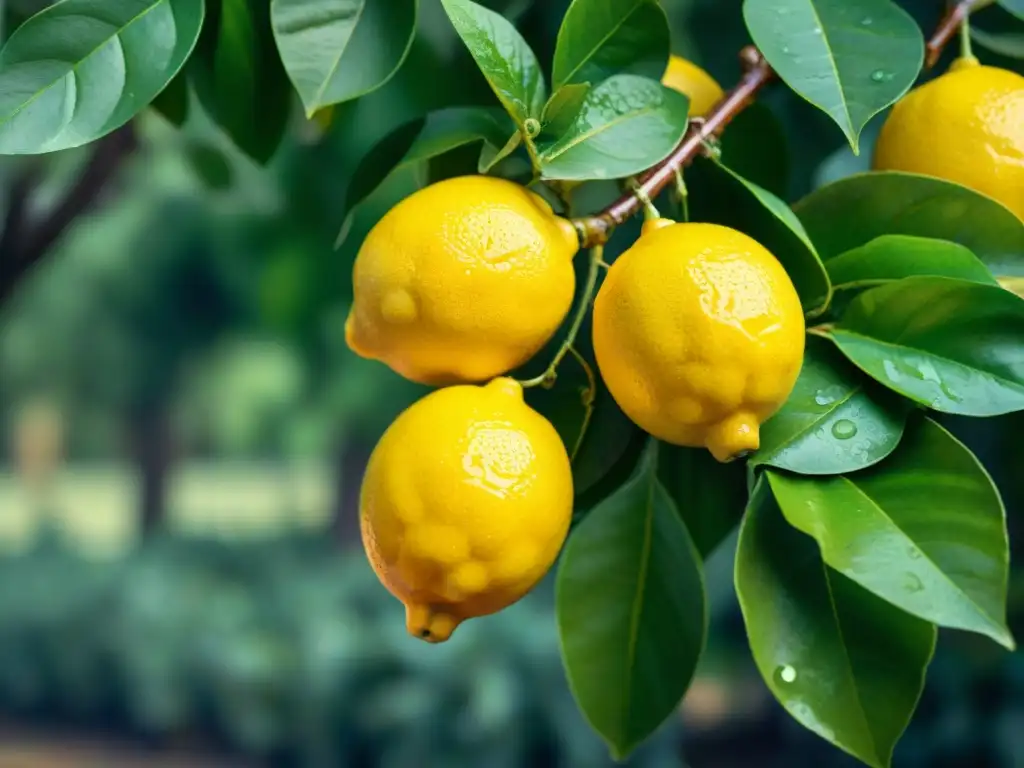 Limoncellos recién cosechados con gotas de agua en una huerta italiana, creando una escena visual y deliciosa