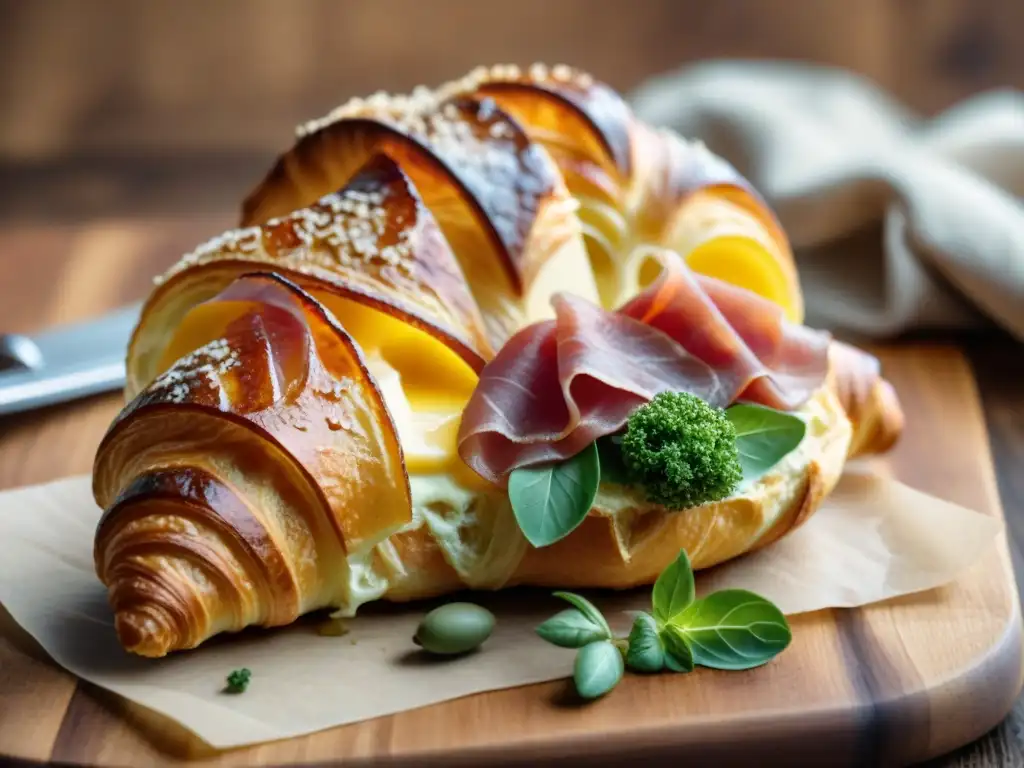 Un croissant recién horneado con prosciutto y queso derretido sobre tabla de madera