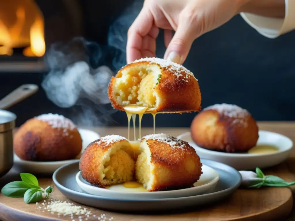 Arancini croquetas risotto fritura perfecta: detalle de una croqueta dorada siendo sacada del aceite caliente en una cocina italiana tradicional