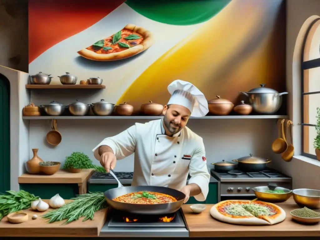 Un cuadro detallado de una cocina italiana tradicional, llena de colores vibrantes y actividad