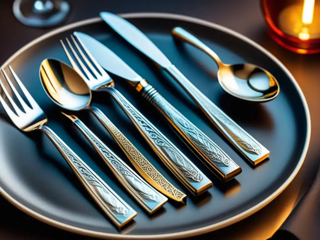 Cubertería italiana diseño auténtico: Detalle elegante de tenedor y cuchillo de plata en restaurante de lujo