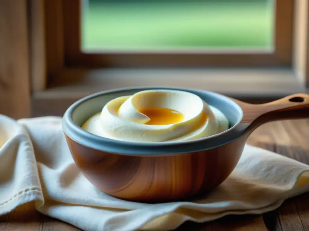 Una cuchara de madera removiendo suavemente mascarpone casero en un cuenco rústico