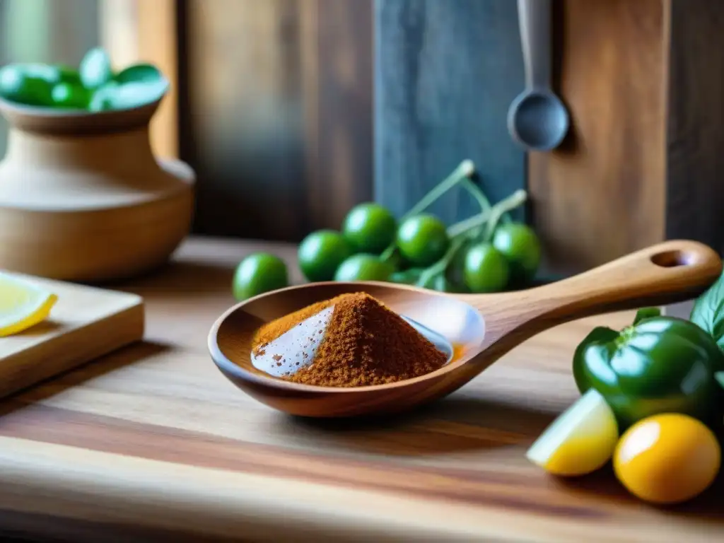 Una cuchara de madera italiana detallada y envejecida descansa sobre una tabla de cortar rústica, evocando tradición culinaria