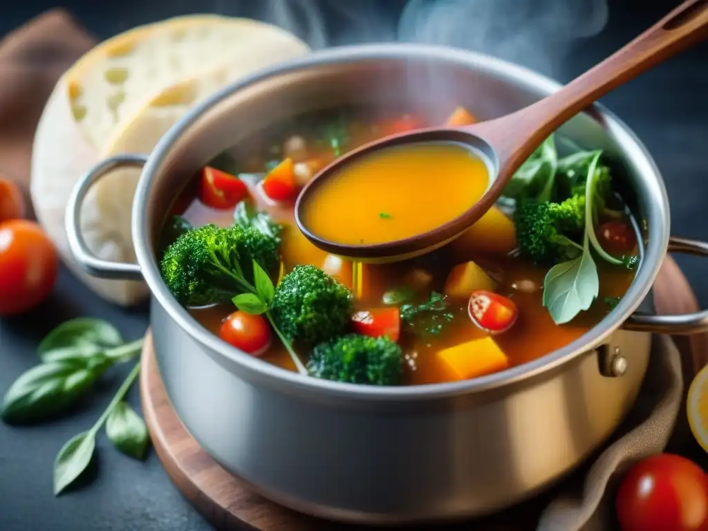 Una cuchara de madera removiendo una olla de Acquacotta, receta tradicional de acquacotta italiana, con verduras frescas y tomates