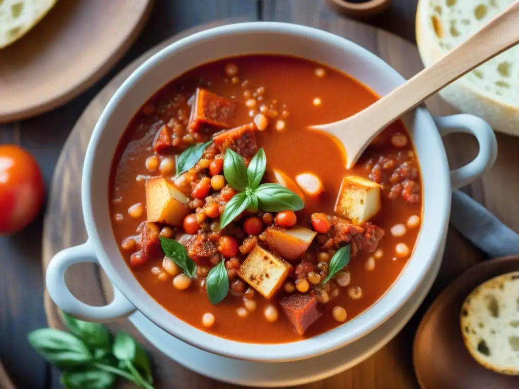 Una cuchara de madera remueve suavemente una olla humeante de Pappa al Pomodoro receta tradicional, evocando la tradición italiana