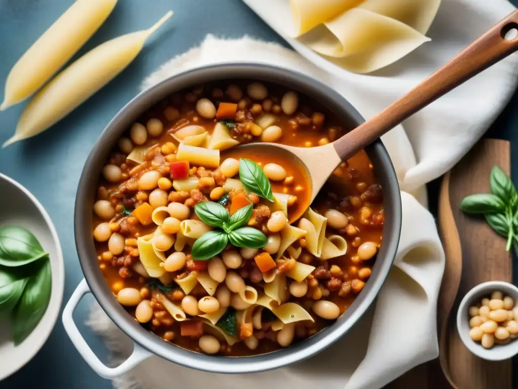 Una cuchara de madera revuelve una olla de Pasta e Fagioli receta tradicional, resaltando sus colores y texturas