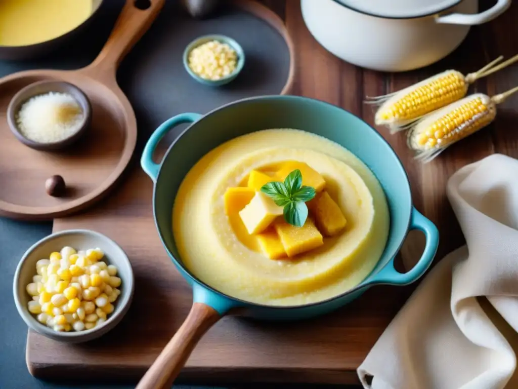 Una cuchara de madera removiendo una olla de polenta cremosa, con vapor y texturas rústicas