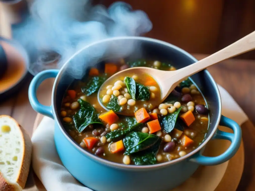 Una cuchara de madera removiendo una olla de Ribollita toscana, con verduras, frijoles y pan, en una cocina tradicional