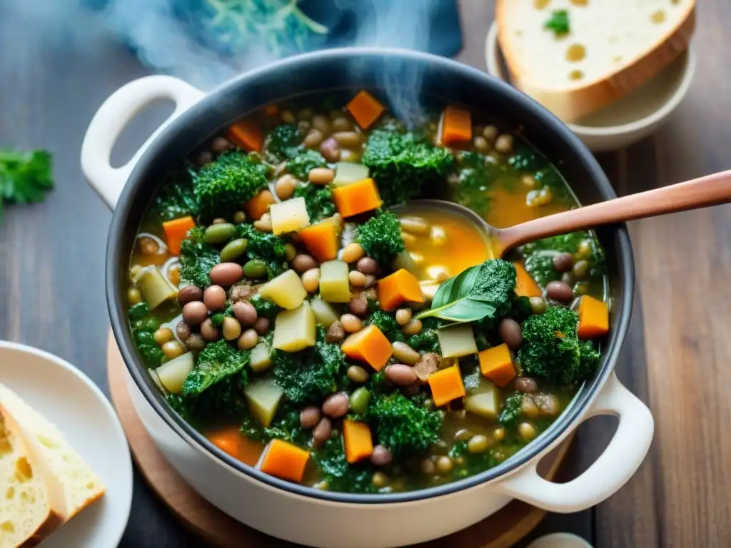 Cuchara de madera revolviendo una olla de Ribollita toscana con ingredientes vibrantes