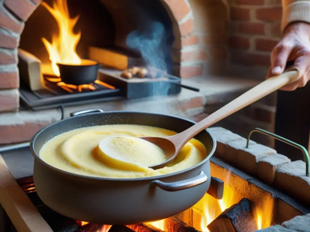 Una cuchara de madera revuelve una polenta cremosa en una olla sobre un horno de leña, evocando la calidez de una receta tradicional italiana