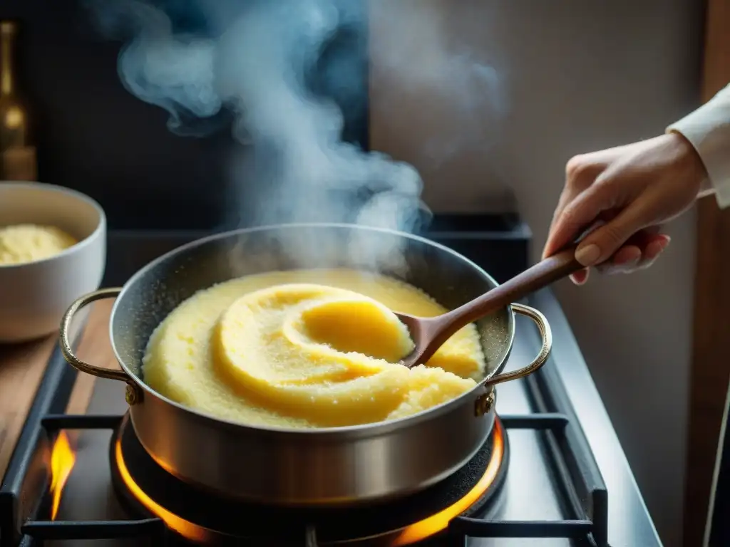 Una cuchara de madera revuelve polenta cremosa en estufa vintage, evocando tradición en cocina italiana