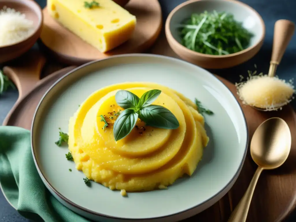 Una cuchara de madera rústica vierte polenta dorada sobre un plato de cerámica con hierbas frescas y queso parmesano