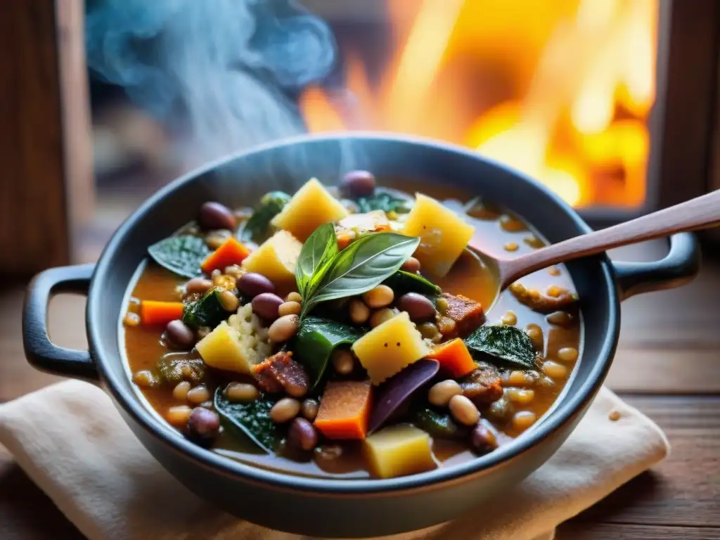 Una cuchara de madera rústica sirviendo sopa Ribollita toscana en una cocina tradicional