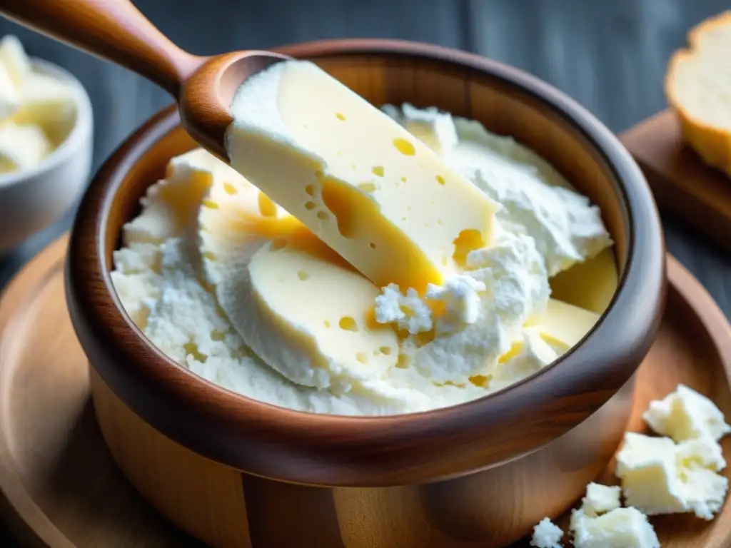 Una cucharada de ricotta italiana fresca y cremosa en un recipiente de madera