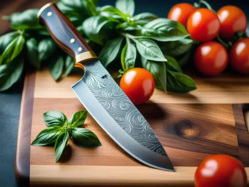 Cuchillo chef italiano de acero Damasco en tabla de cortar, con tomates y albahaca fresca