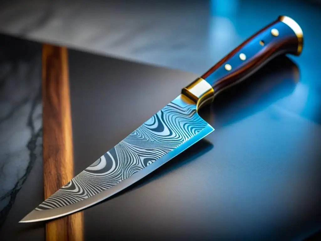 Un cuchillo de chef italiano de alta gama en acero de Damasco, mango de madera y detalles en latón, sobre un elegante mostrador de mármol