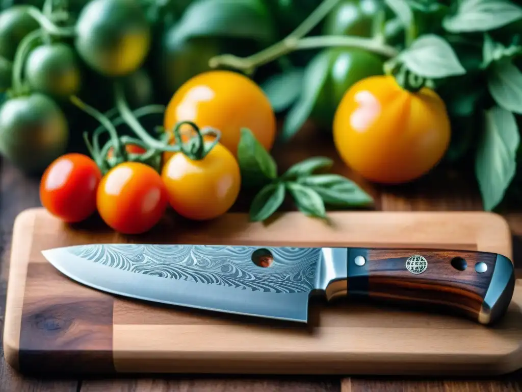 Un cuchillo de chef italiano artesanal en acero damasco sobre tabla de cortar, rodeado de hierbas frescas y tomates