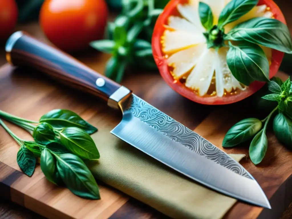 Un cuchillo de chef italiano artesanal de alta calidad en acero de Damasco, sobre fondo de cocina italiana rústica