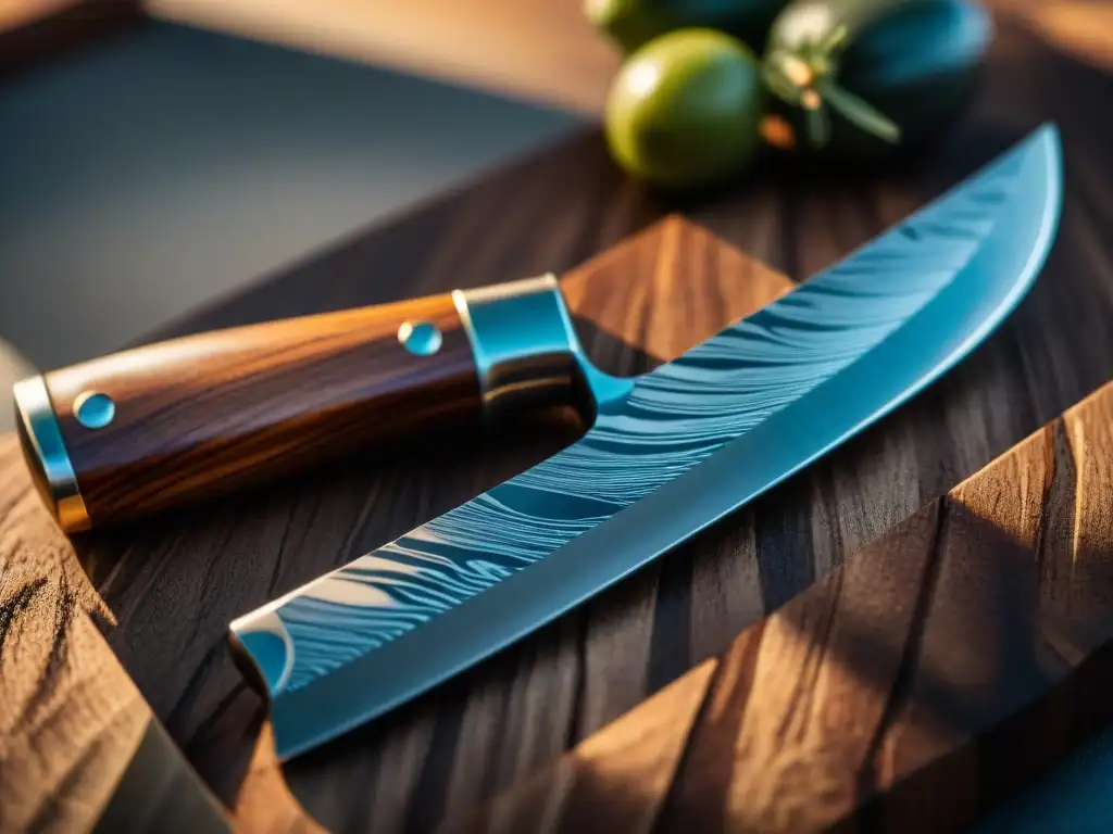 Un cuchillo de chef italiano artesanal con hoja de acero Damasco y mango de madera de olivo, reflejando la luz ambiental