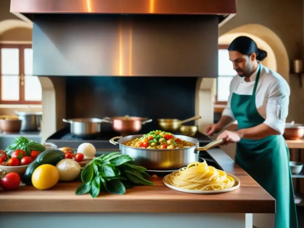 Explorando la Cucina Rustica: una cocina italiana tradicional llena de vida y pasión culinaria, chefs preparando platos clásicos como pasta y risotto