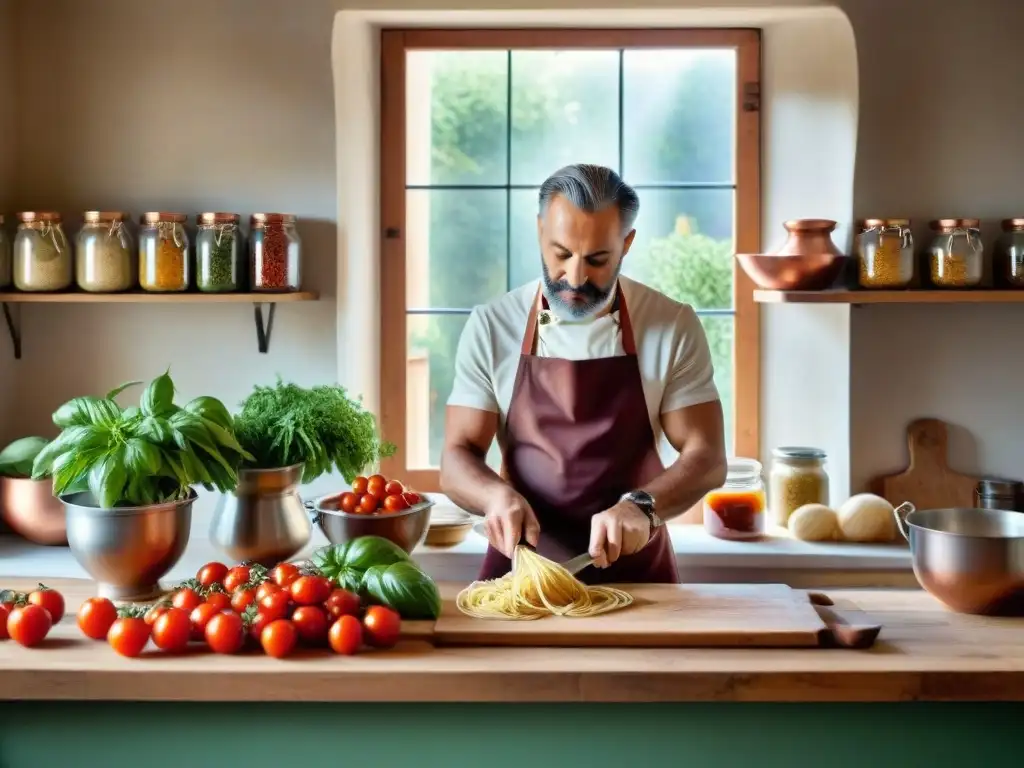 Explorando Cucina Rustica: cocinero preparando pasta fresca en cocina italiana rústica