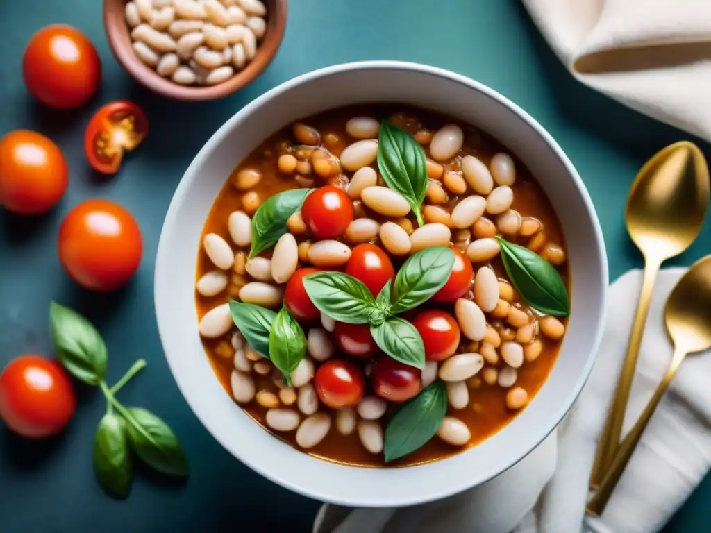 Un cuenco de estofado italiano de legumbres saludables con tomates rojos, alubias blancas, albahaca y ajo, en un caldo sabroso y aromático