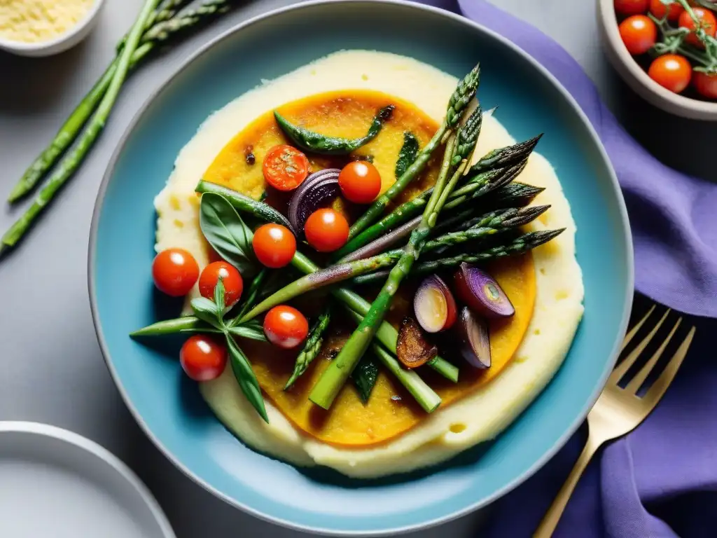 Un cuenco humeante de polenta vegana innovadora y reconfortante con vegetales asados coloridos