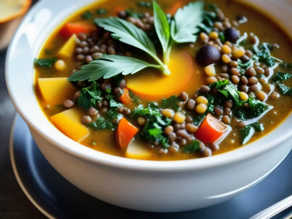 Un cuenco humeante de Sopa de Lentejas a la Italiana, con ingredientes vibrantes y aromas reconfortantes