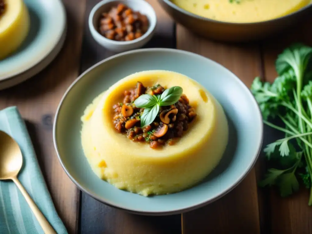 Un cuenco de polenta italiana con ragú de champiñones y queso parmesano, evocando la calidez de las recetas de polenta italiana tradicional