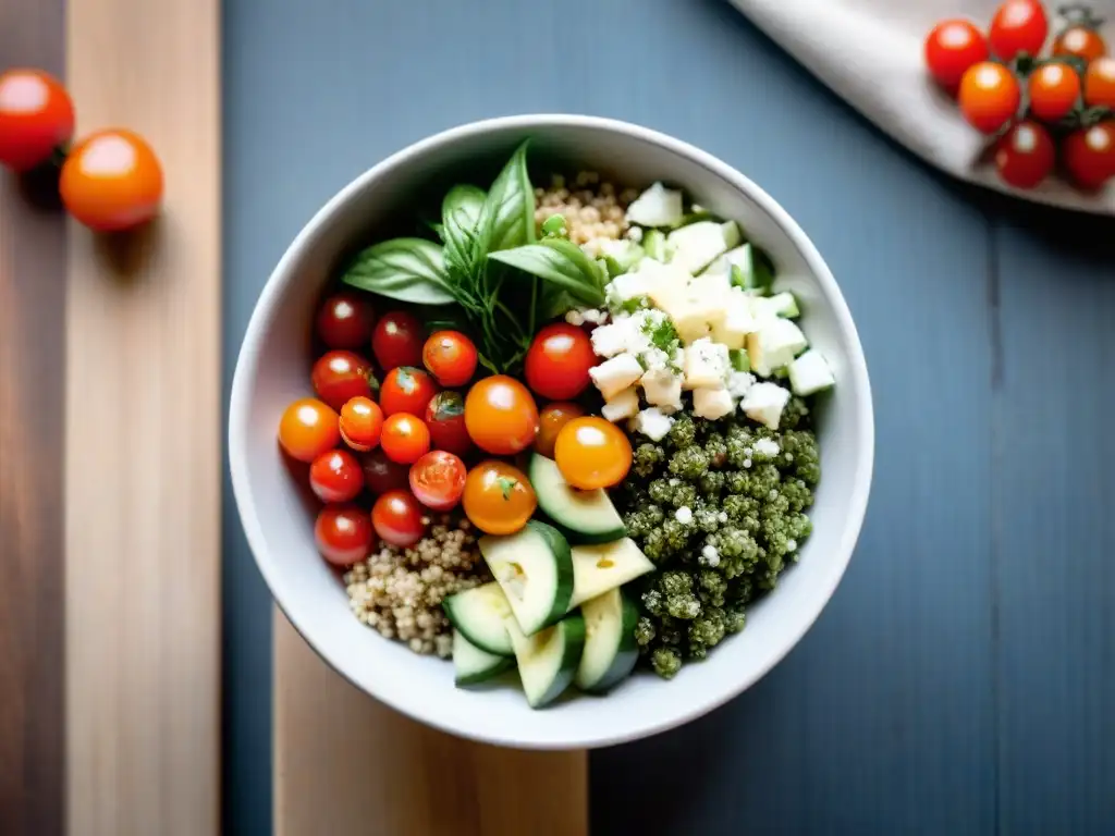 Un cuenco vibrante con quinoa roja y blanca, tomates, pepino, perejil, queso feta y aderezo balsámico