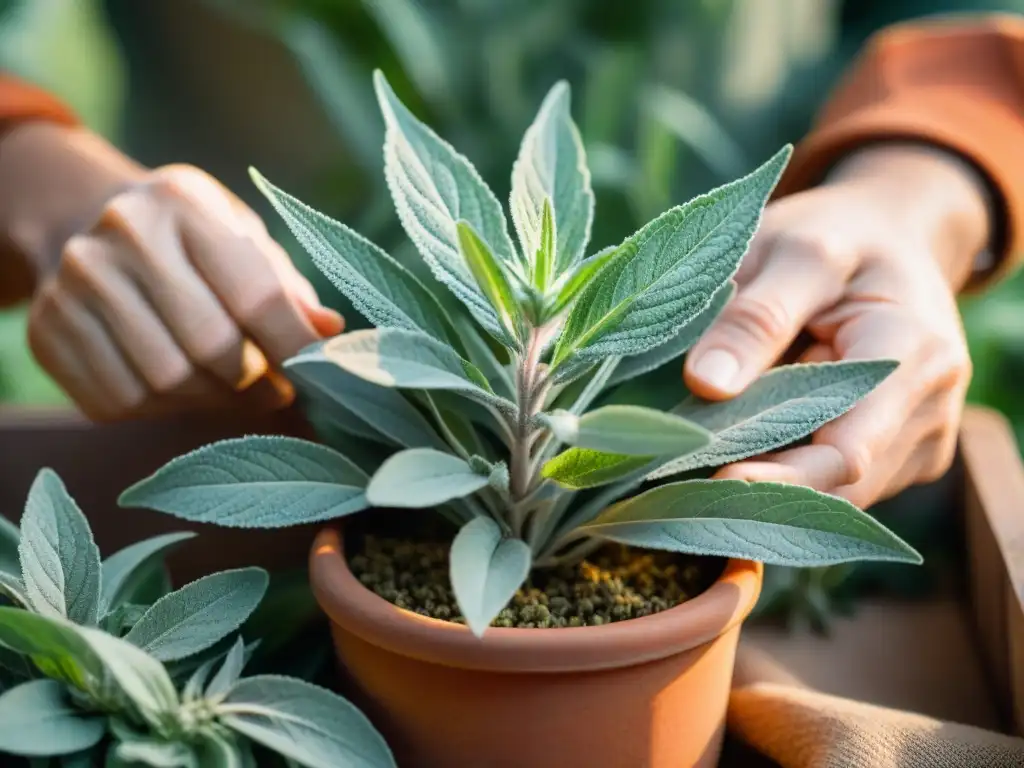 Recogiendo con cuidado hojas frescas de salvia en un jardín soleado, detallando la textura y patrones naturales