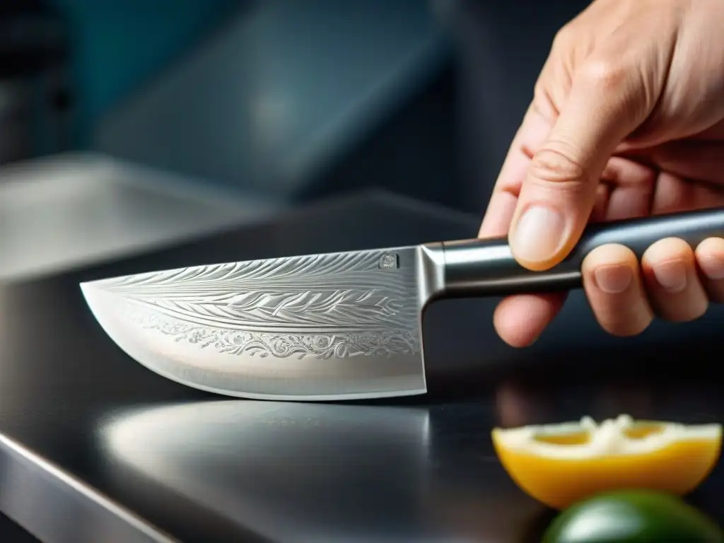 Cuidado utensilios cocina italiana: Detalle de mano puliendo cuchillo de acero inoxidable italiano, transmitiendo precisión y sofisticación