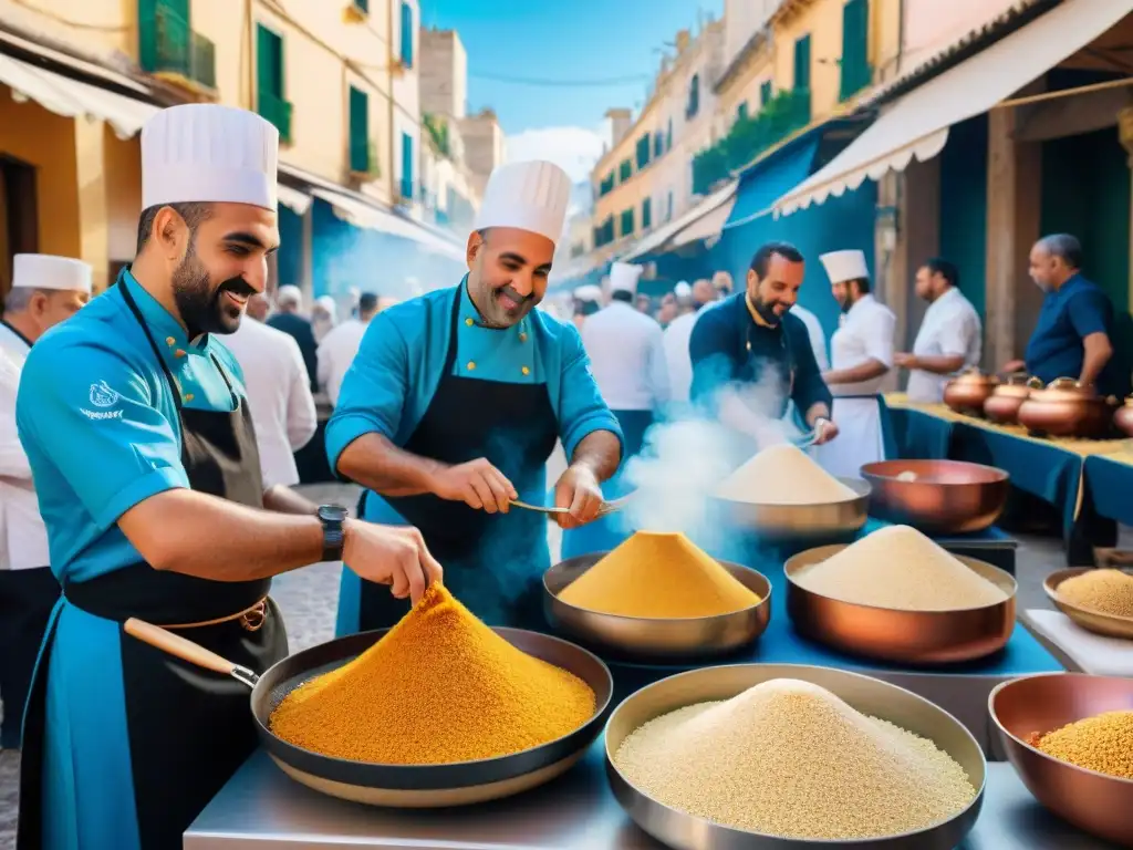 Celebración culinaria en el Cous Cous Fest Trapani 2021: coloridos puestos de comida, chefs apasionados y edificios históricos