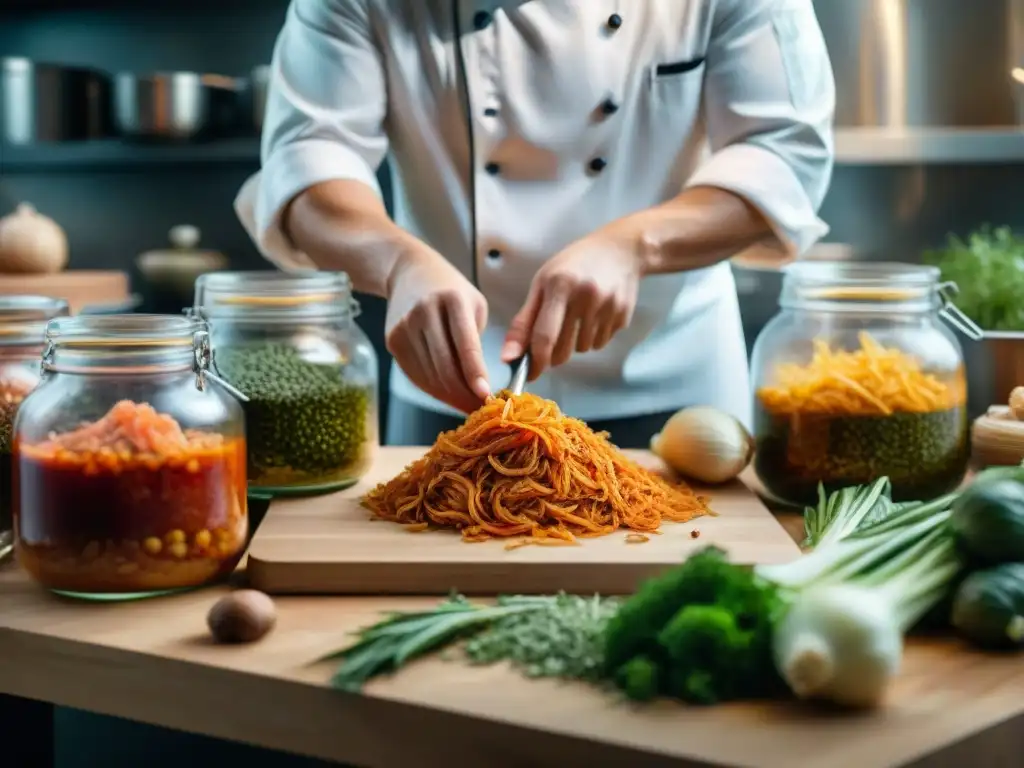 Fusión culinaria: chef mezclando receta auténtica kimchi italiano con hierbas y especias en cocina moderna