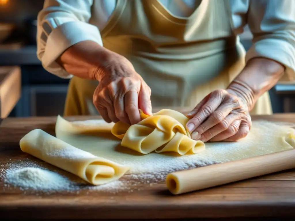 Cursos intensivos de cocina italiana: Nonna italiana experta amasando pasta con destreza en mesa de madera bajo luz suave