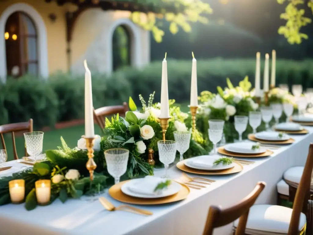 Boda italiana al aire libre: mesa de ensueño en blanco y dorado Decoración elegante en boda estilo italiano con vajilla blanca y dorada, cristalería y centros florales delicados al aire libre