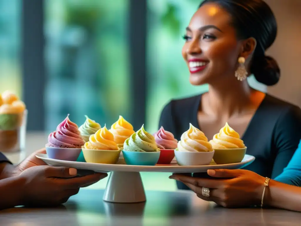 Una degustación de Gelatos en casa con amigos, disfrutando de una mesa colorida y tentadora bajo la luz del sol