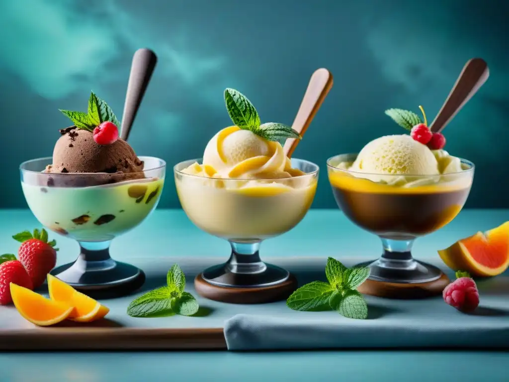 Una degustación de gelatos en casa: sabores vibrantes en elegantes copas de cristal, rodeadas de frutas frescas, hojas de menta y chocolate rallado