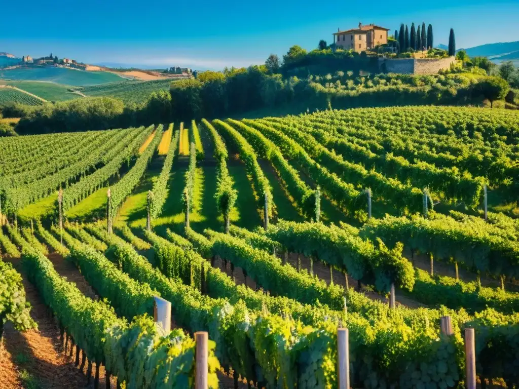 Degustación de vinos italianos certificados en viñedos de la Toscana bajo cielo azul