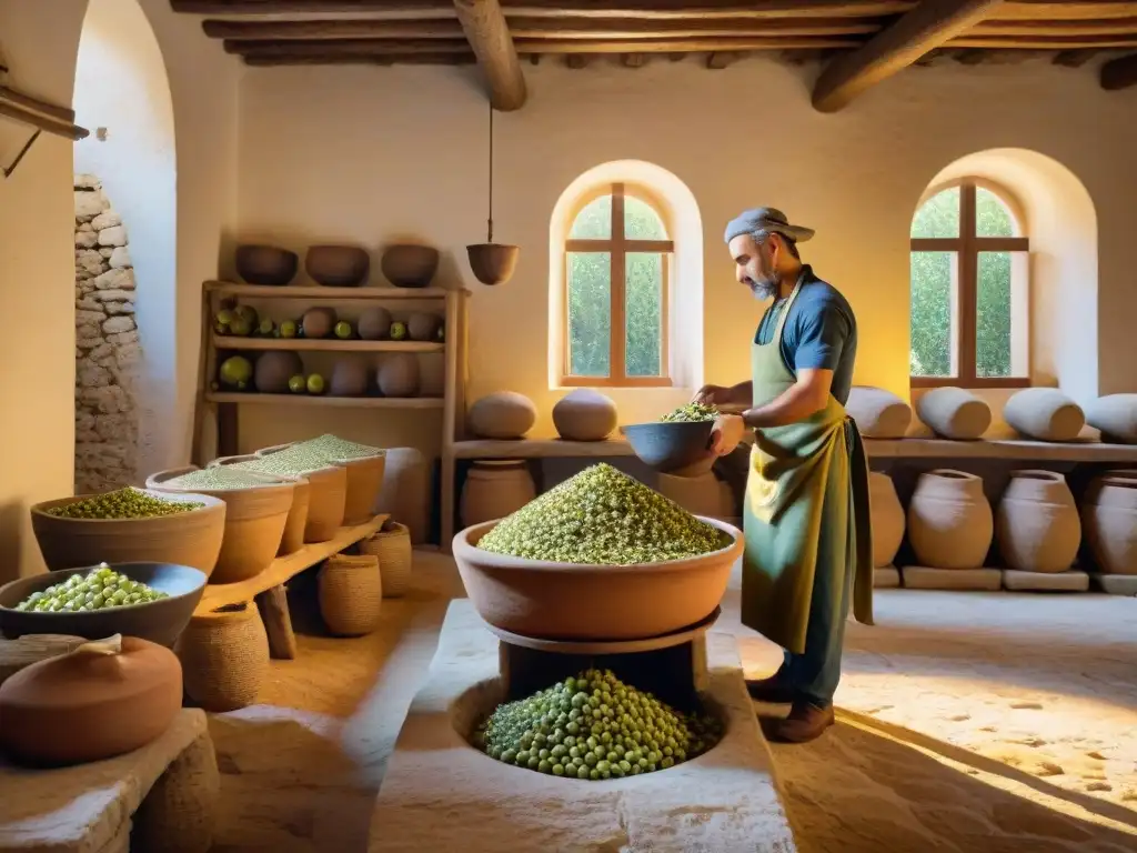 Degustaciones VIP en molinos Puglia: Antiguo molino de aceite de oliva en Italia con prensa de piedra y trabajadores en atuendos tradicionales